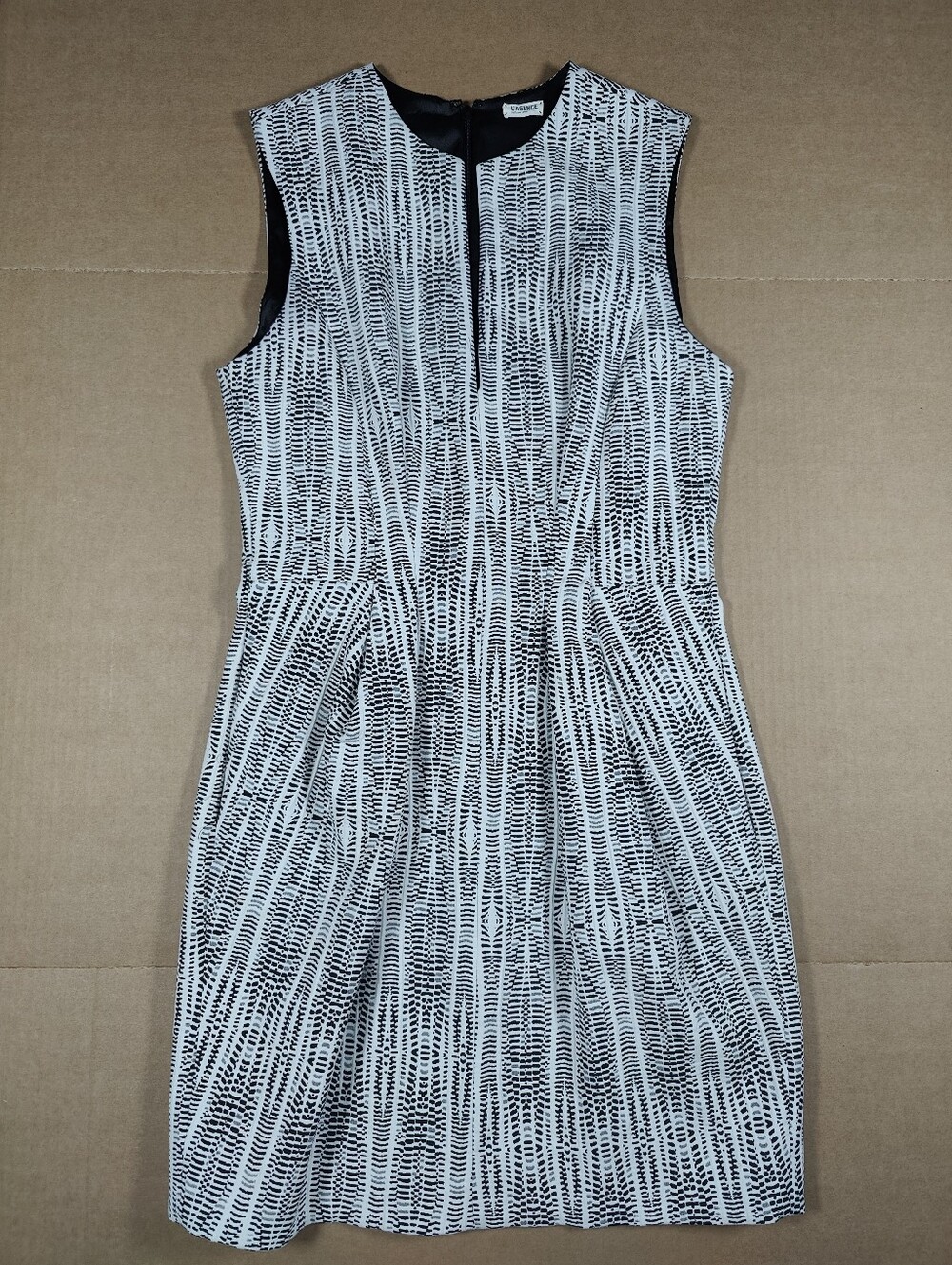 L'AGENCE Jane Black White Cotton Blend Pleated Abstract Sheath Dress Size 10